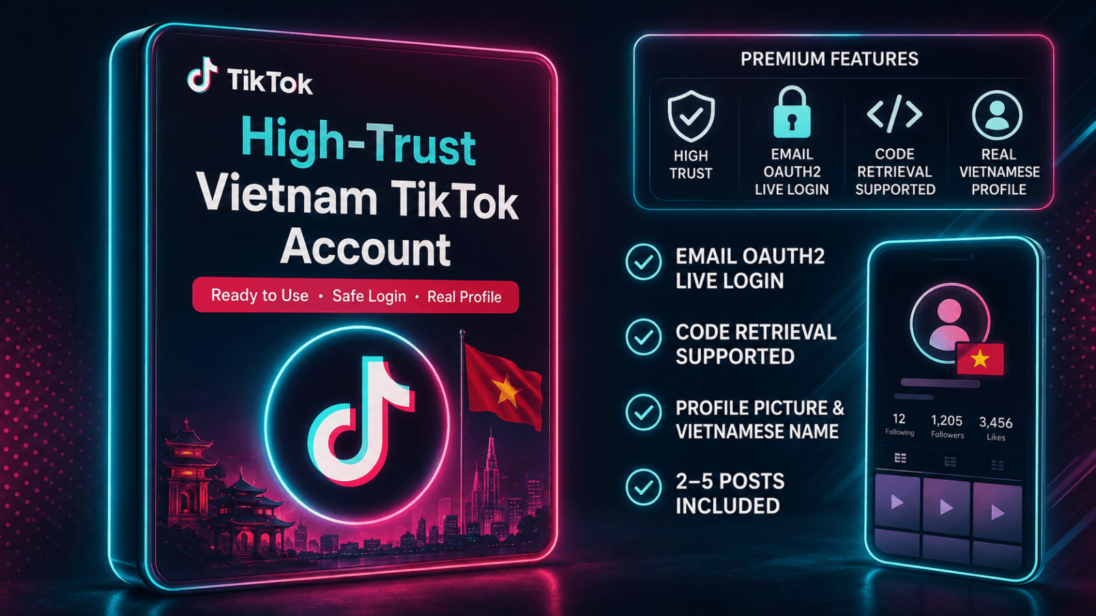 Высокодоверенный аккаунт TikTok во Вьетнаме | Вход по электронной почте OAuth2 | Поддерживается извлечение кода | Изображение профиля и вьетнамское имя | 2-5 сообщений включены